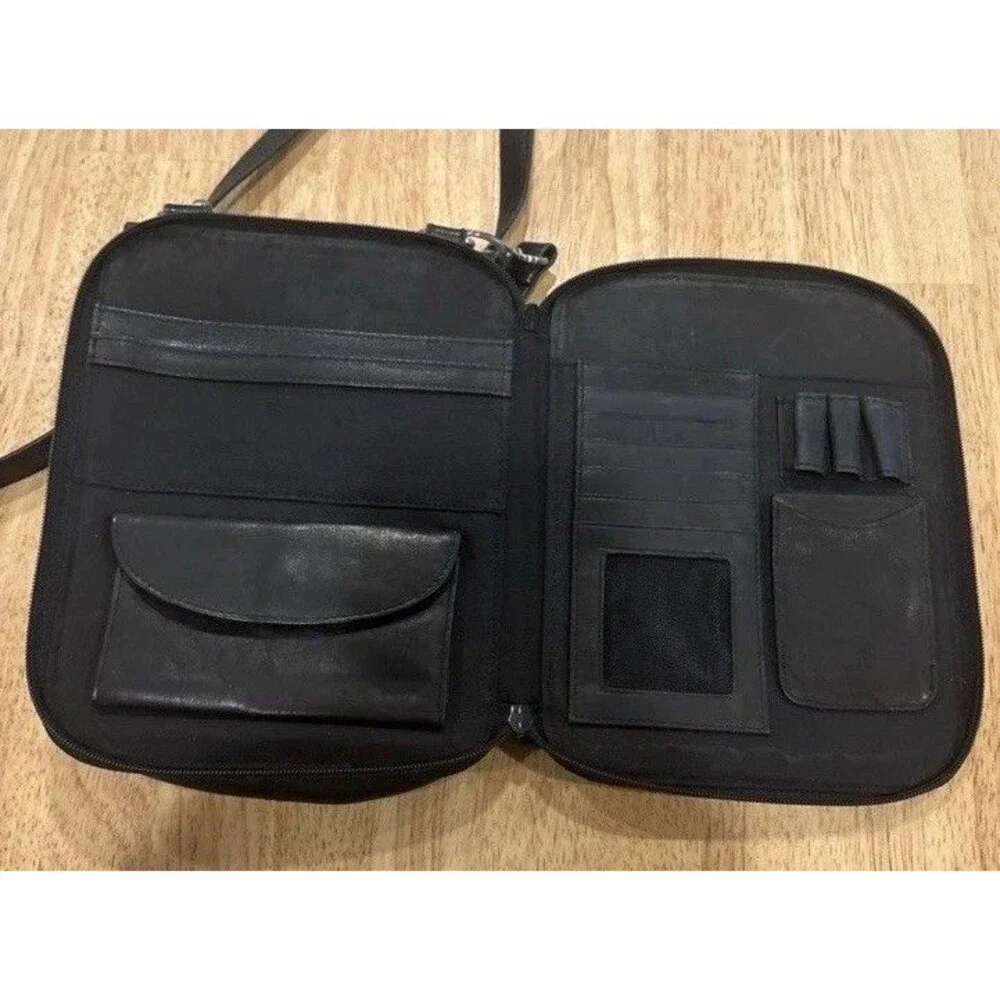 Coldwater Creek Black Leather Crossbody Organizer Handbag purse Bag 7”x9”